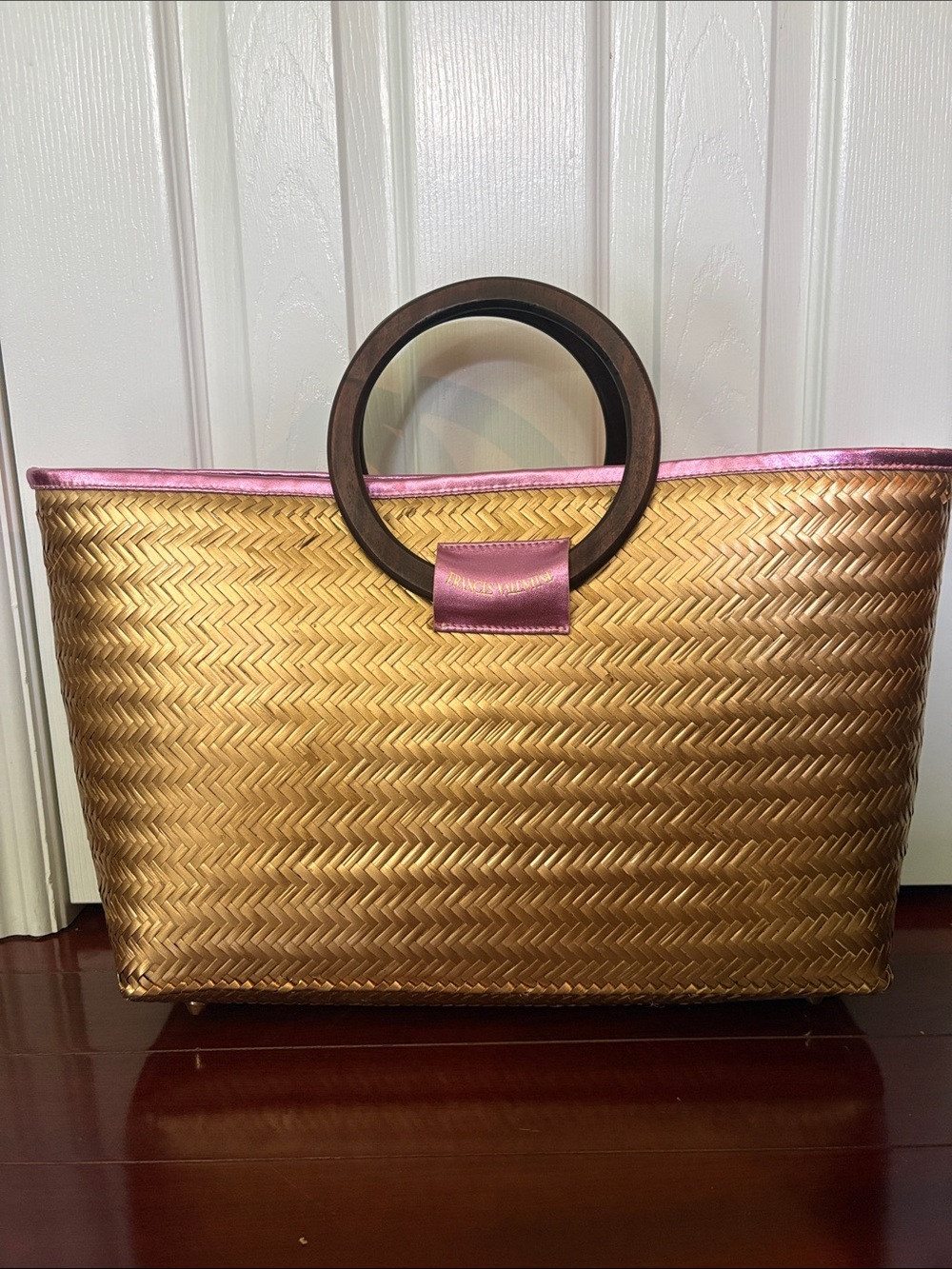 Frances Valentine Large Straw Shoppers Tote with Pink Metallic Trim